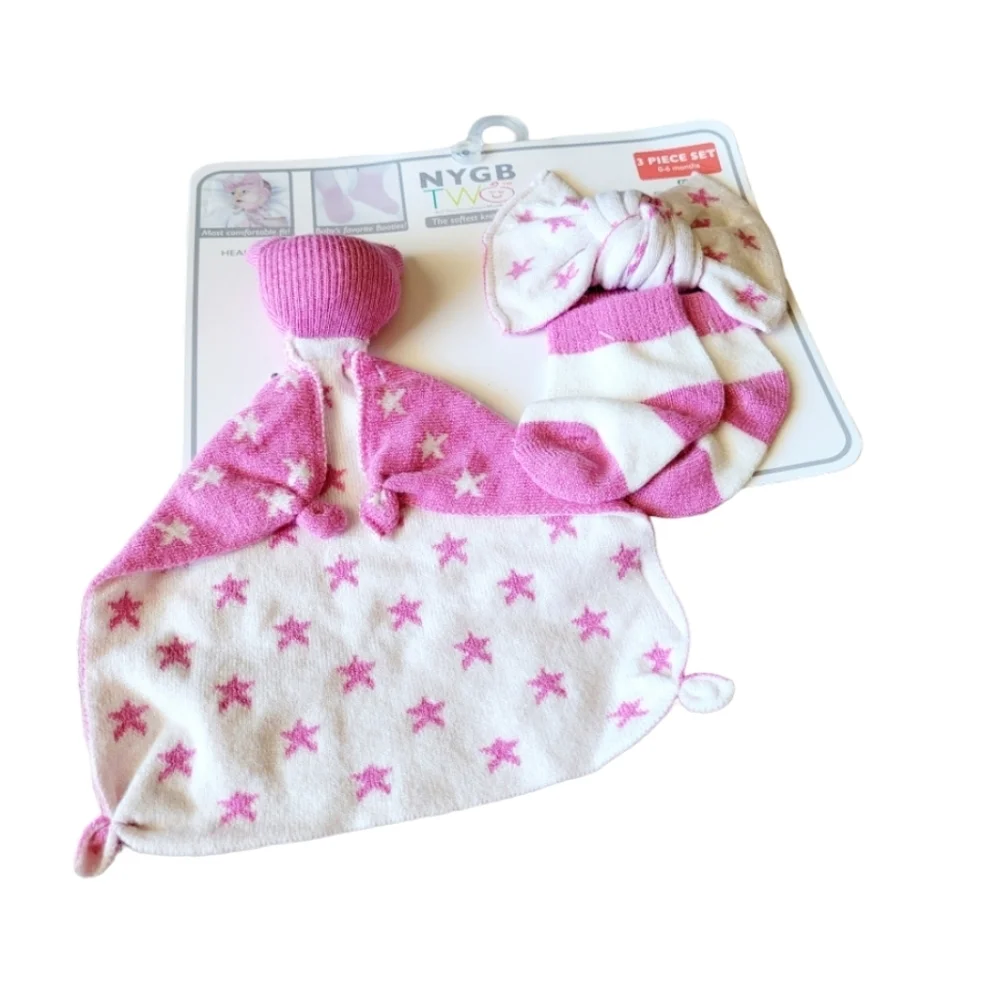 NYGB Baby 3 Piece Set with Lovey Blanket Blankie Baby Girl Pink White NWT